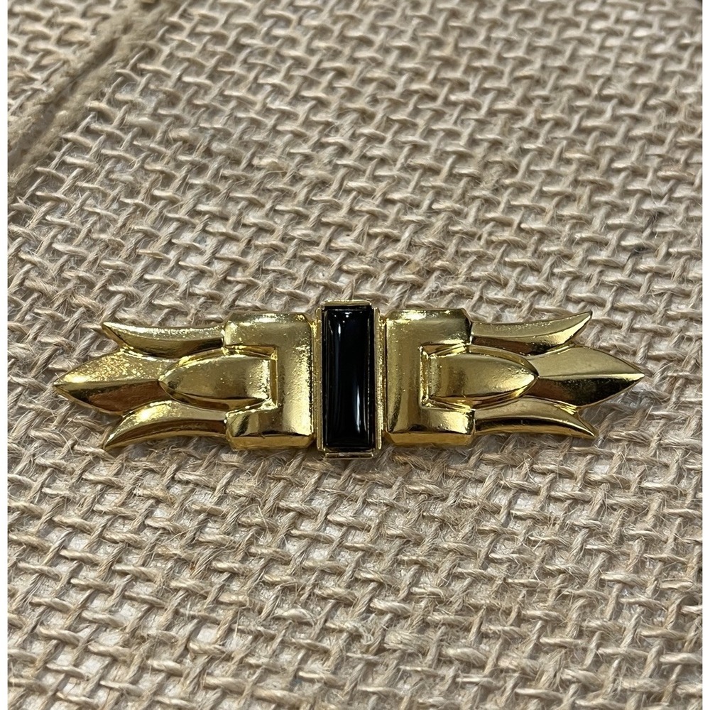 Vintage  Gold Tone Rectangular ART DECO Faux Black Onyx Brooch Pin 2.5"